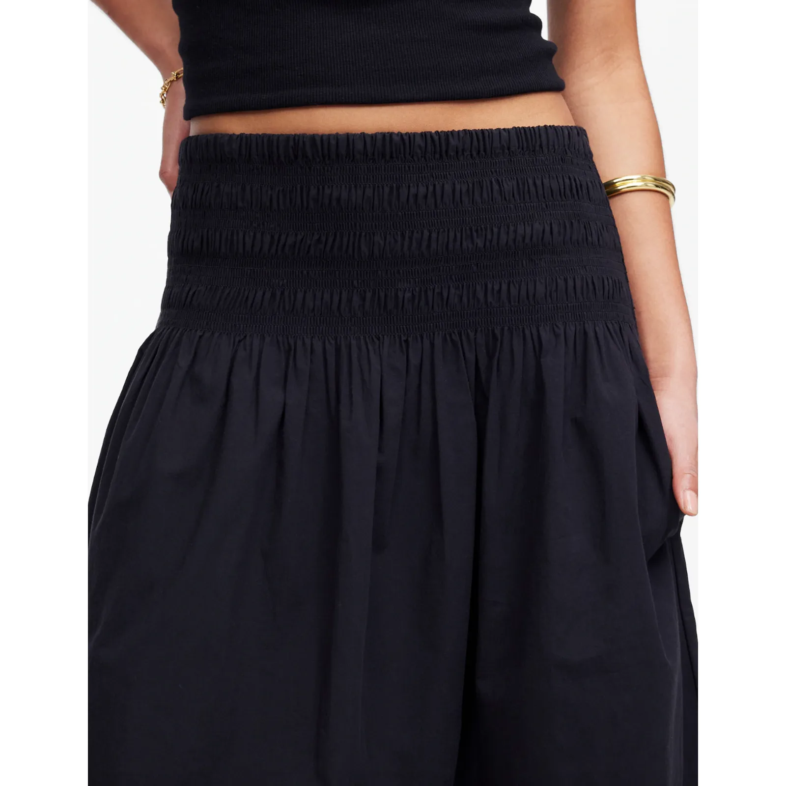 Madewell Smocked Waist Poplin Midi Skirt Cotton A Line Black Pockets XL NWT - Image 5