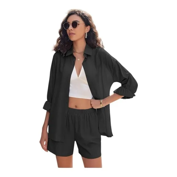 Womens Black Button Down Shirt &‎ Pull On Shorts Set sz M Casual Beach Vacation - Image 2