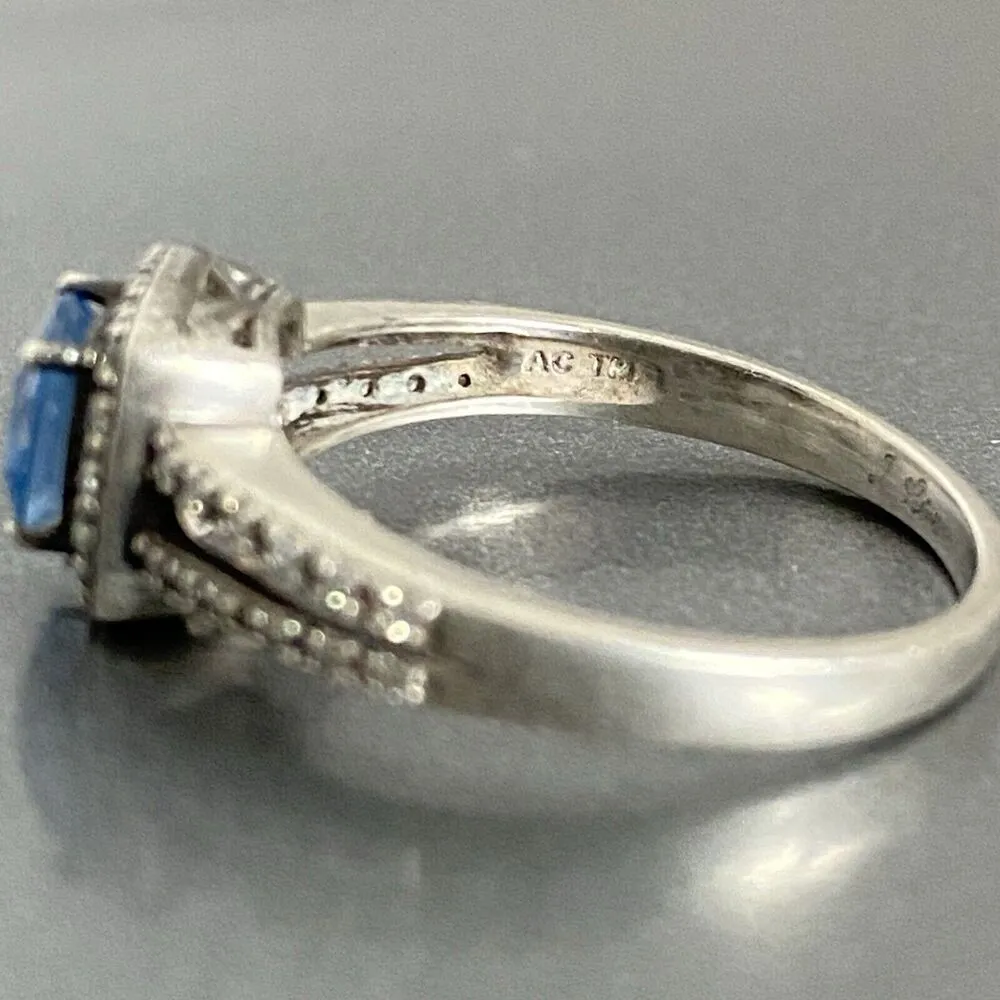 925 Sterling Silver Simulated London Blue Topaz Engagement Ring Signed AC TM White - Image 9