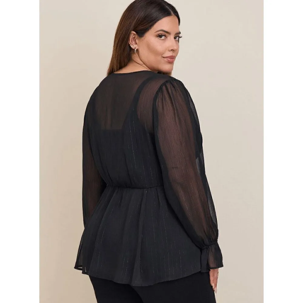 Torrid Black Babydoll Crinkle Lurex Chiffon Crochet Lace-Up Top 00 Medium - Image 11