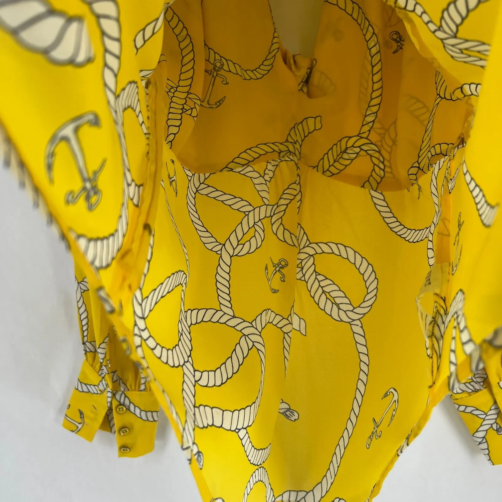 Cabi Reef Knot Blouse Womens Small Yellow Nautical Rope Anchor V Neck Pleated - Image 10