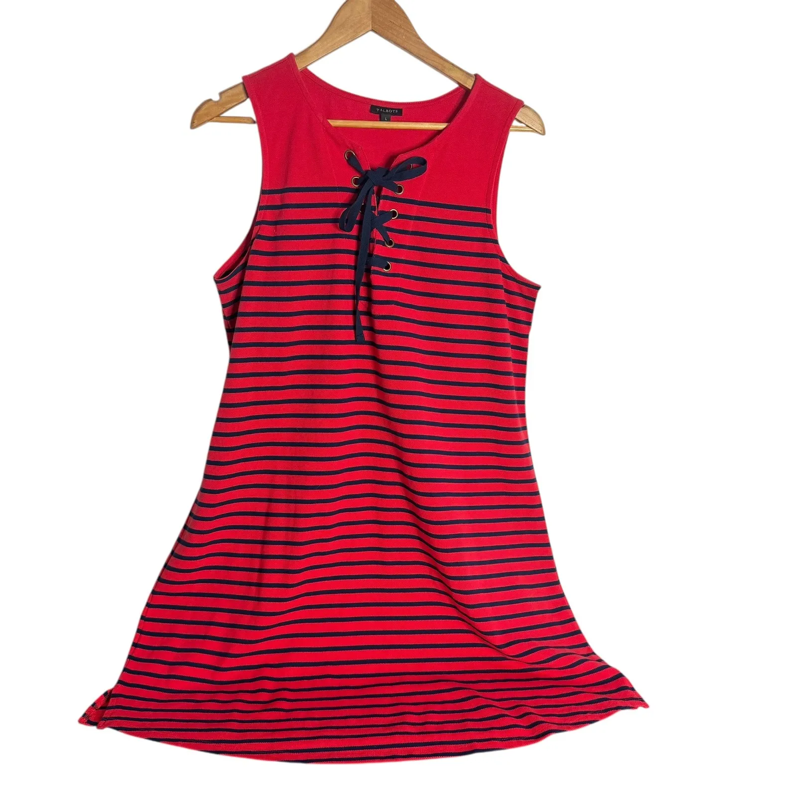 Talbots Striped Lace Up Dress Size L Red Blue‎ Sleeveless Preppy Nautical Cotton - Image 2