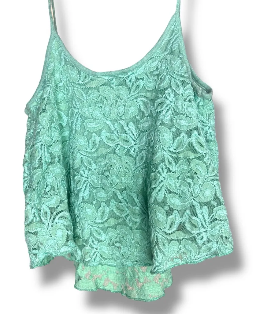 Turquoise Lace Camisole Tank Spaghetti Strap Flowy Boho Top Blue - Image 3