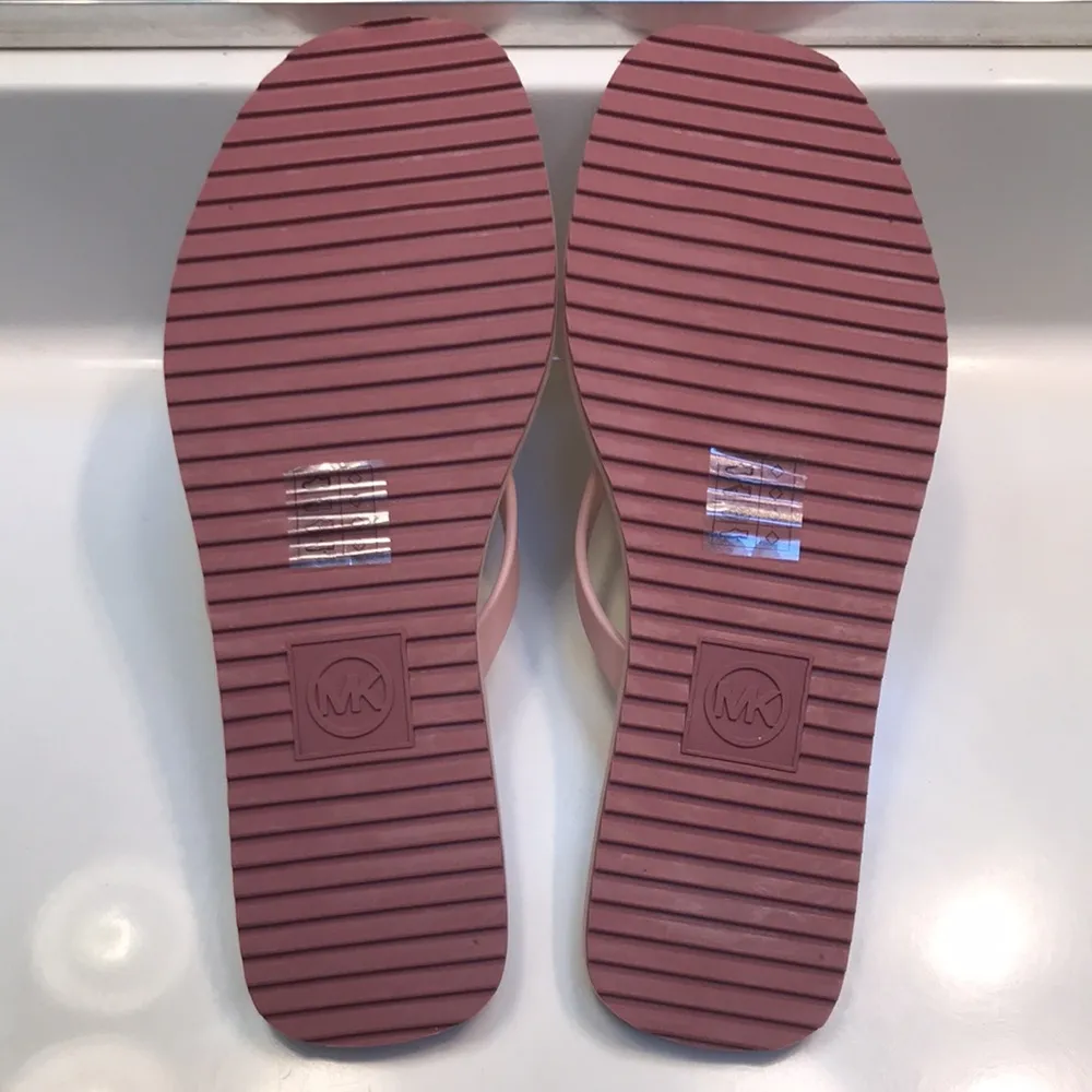 MICHAEL Michael Kors Women’s Graphic MK Pink Purple Gold Emblem Thong Sandals - Image 6