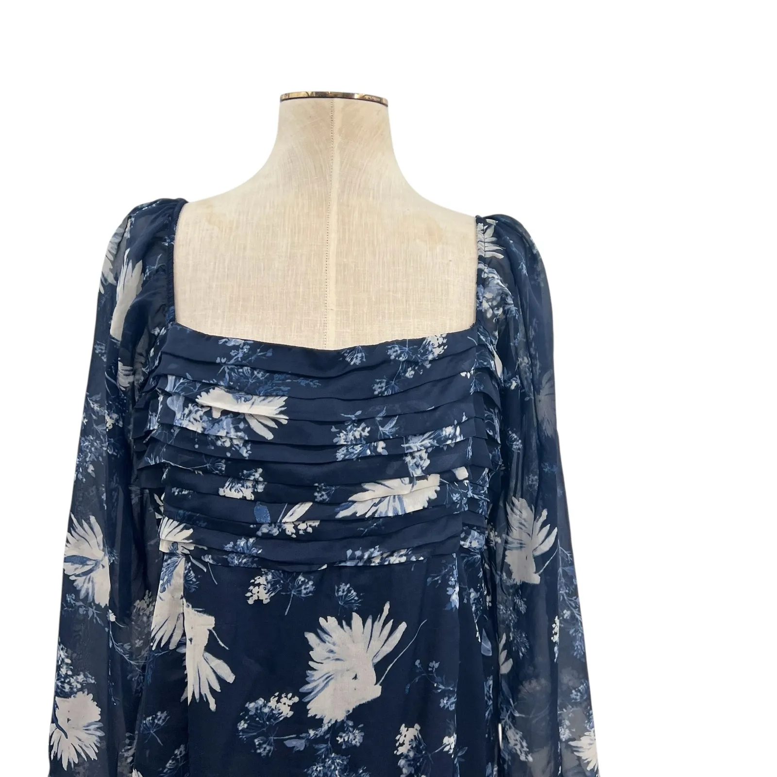 Abercrombie & Fitch Emerson Chiffon Floral Midi Dress Long Sleeve Blue Size XL - Image 3