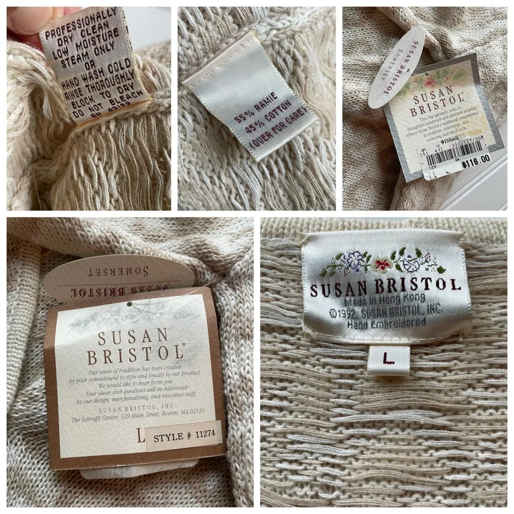 Susan Bristol Hand Embroidered Cardigan Sweater Beige Pink Floral Large NWT Vtg - Image 5