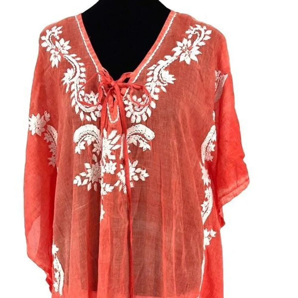 Debbie Katz South Beach Mystic Kaftan Sheer Embroidered Cover Up Orange Medium N Red - Image 3