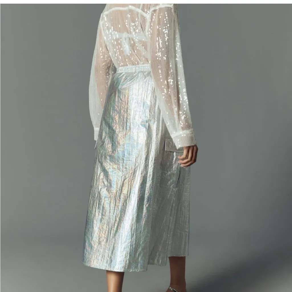 By Anthropologie Metallic Shine Cargo Midi Skirt Silver Small - Image 13