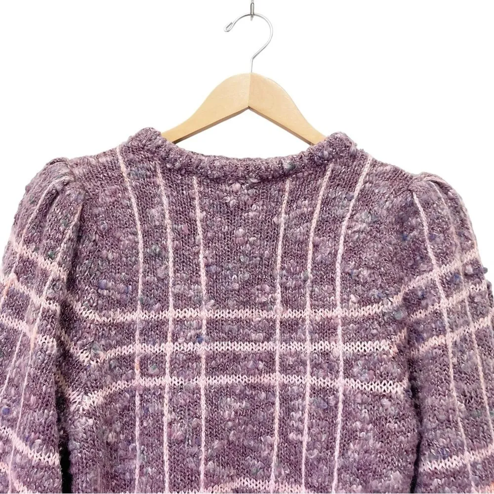 Vintage 80s Puff Sleeve Sweater Purple Nubby Marled Windowpane Size Small Medium - Image 3
