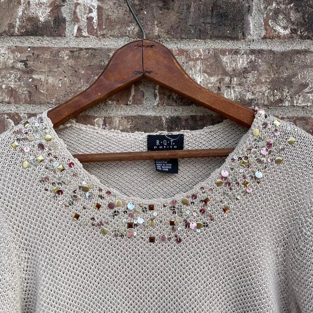 Vintage Y2K Womens Size PL Knitted Sequin Coastal Beach‎ Cover Up Minimal Tan - Image 8