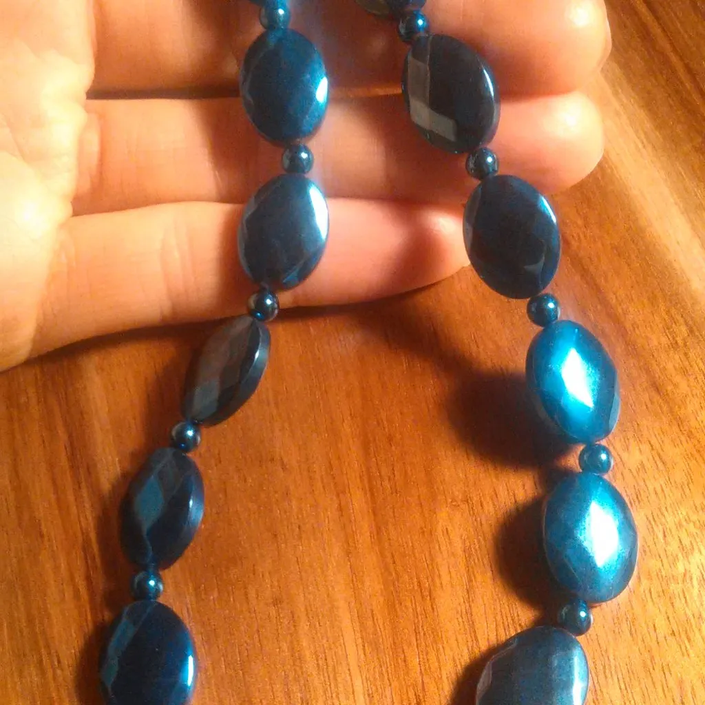 Beveled Cut Blue Colored Hematite Brass Necklace - Image 10