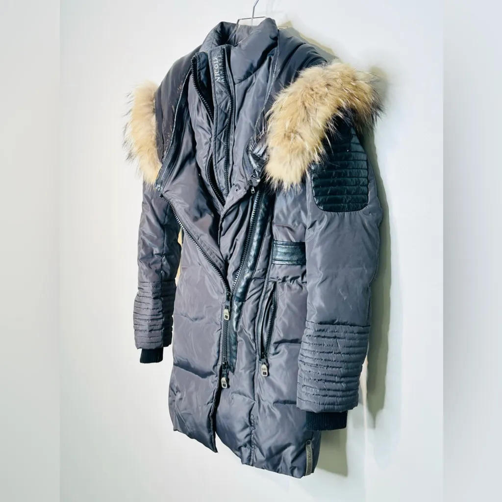 Nicole Benisti Grey Feather Trim Hooded Down Filled Jacket Coat Gray Size XS - Image 4