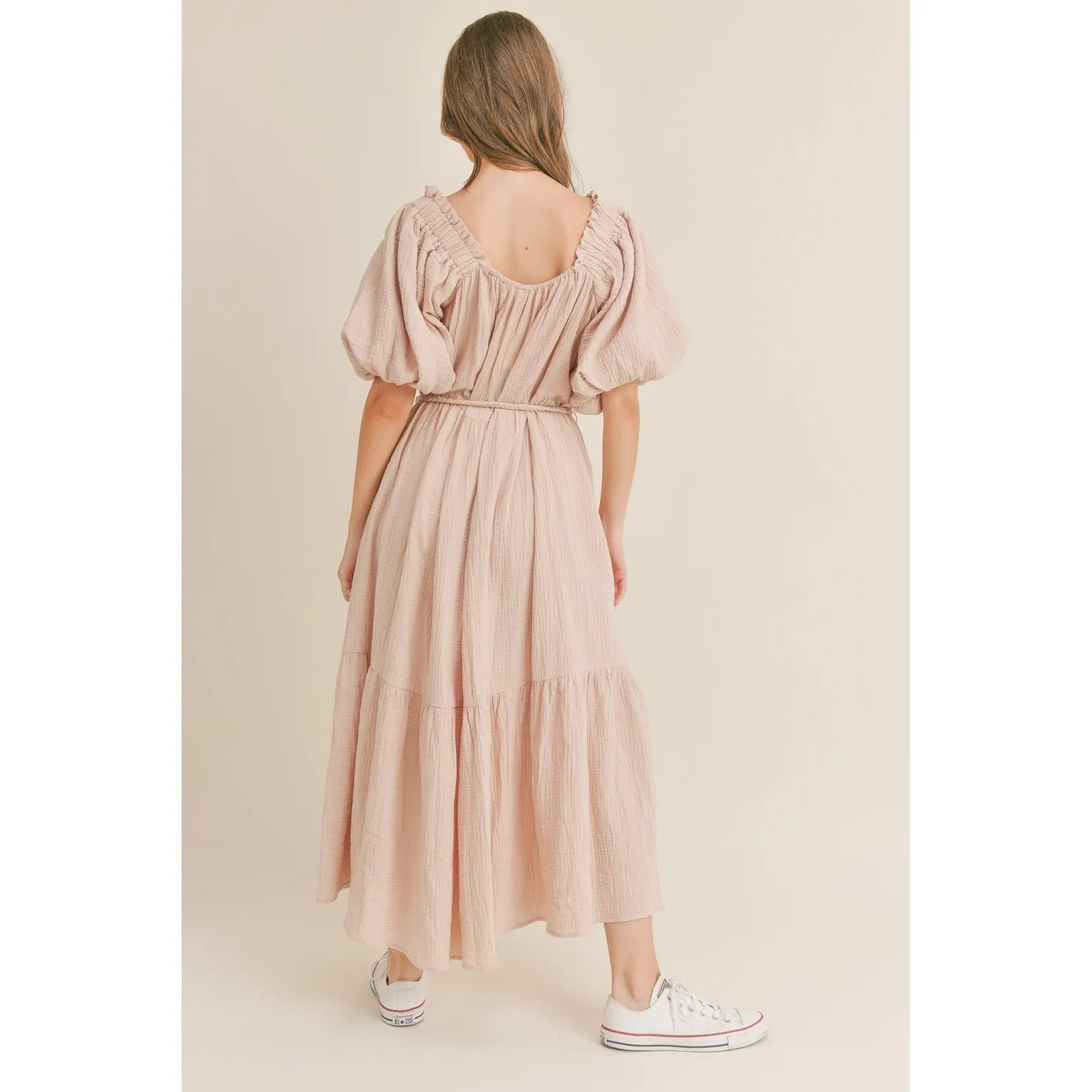 MABLE Dusty Mauve Cotton Gauze Midi Tiered Belted Dress with Pockets Size L - Image 2