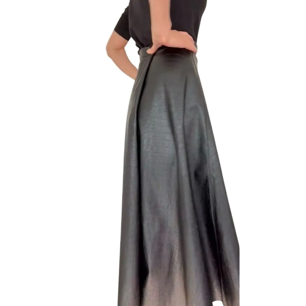 8 by YOOX Black Faux Leather Crocodile Maxi Skirt, Size Large, New with Tags - Image 5