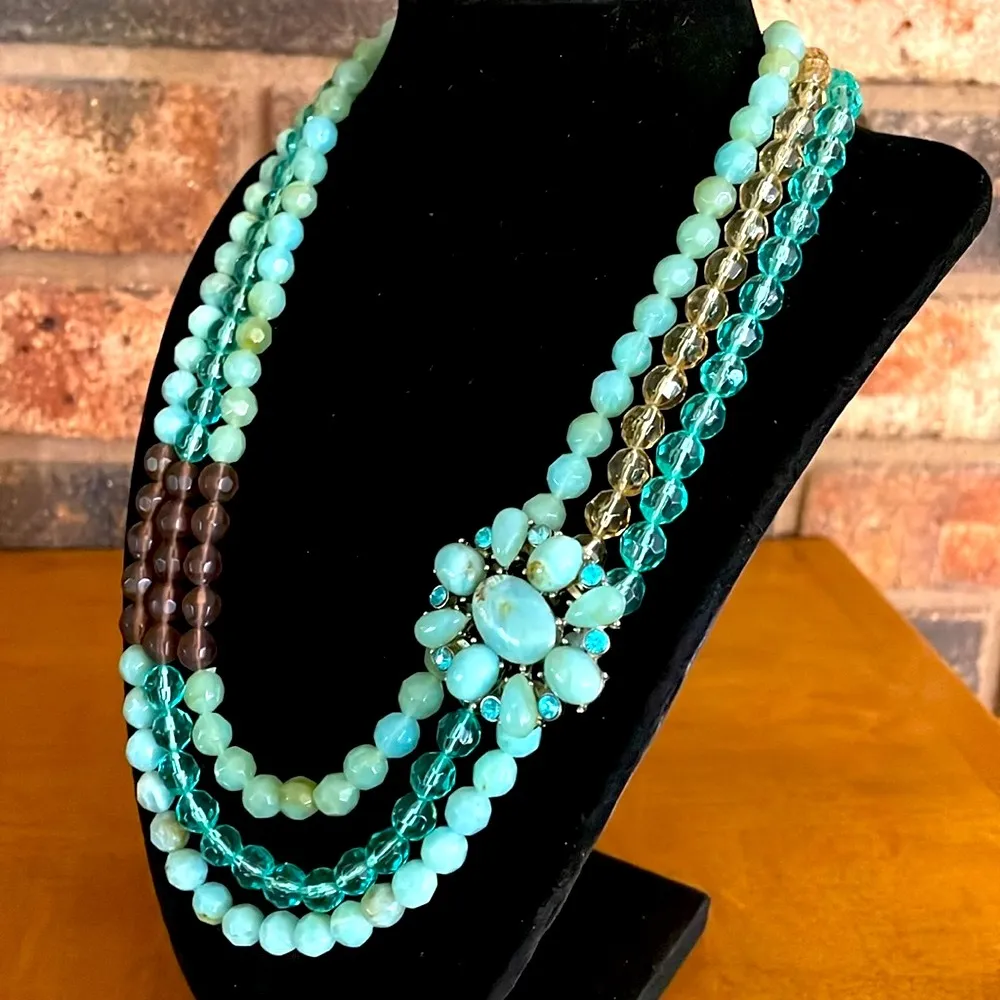 Vintage triple strand aqua & brown beaded necklace with natural stone detail Blue - Image 3