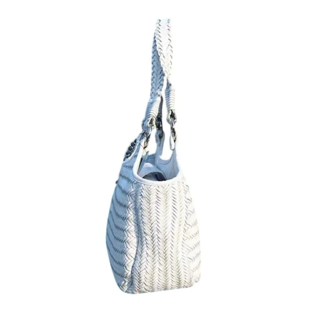 Donald J Pliner Woven Leather Purse Handbag New Double Straps Shopper Tote $595 White - Image 6