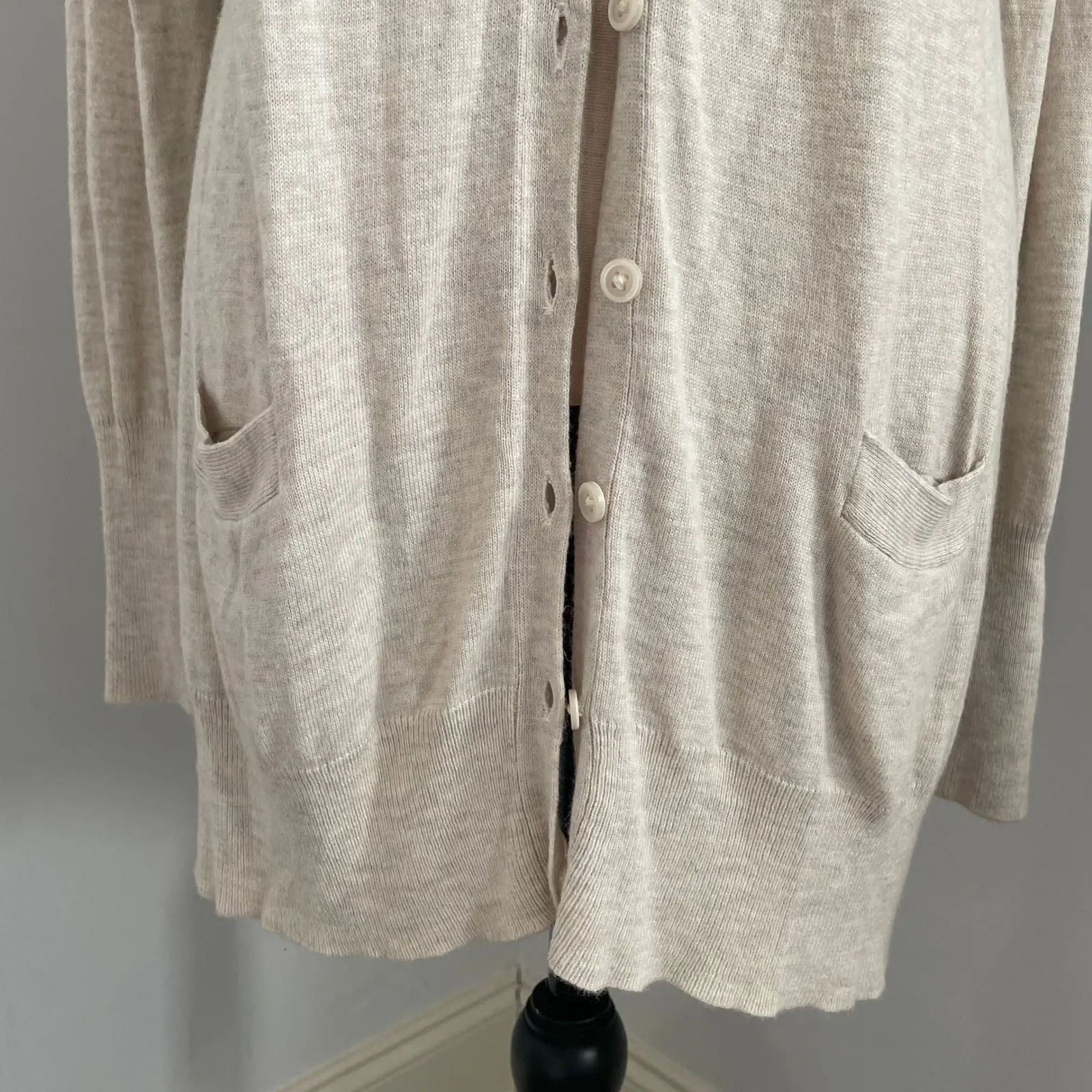 Womens Cardigan Sweater Beige XL Long Sleeve Button Front Pockets Grandpa Preppy - Image 3
