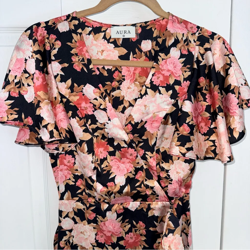 Aura Black and Pink Romantic Boho Floral Flutter Sleeve Maxi Dress size XS - Image 3