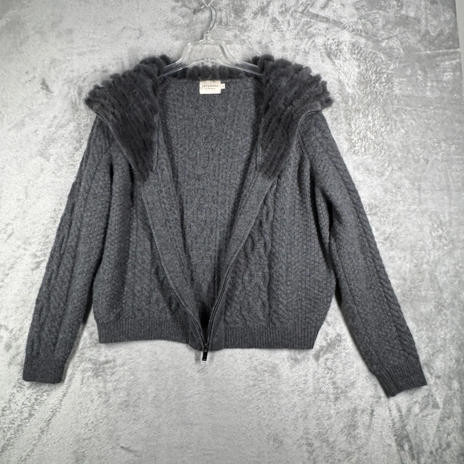 INTERDEE La Parisienne Cardigan Womens Gray Cable‑Knit Zip Faux‑Fur Collar Large - Image 5