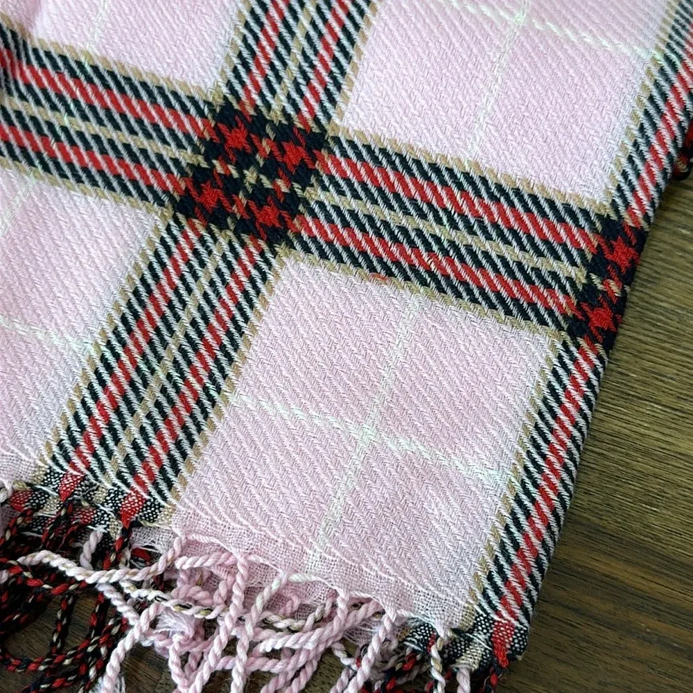 Talbots Wool Scarf‎ Rectangle Outerwear Plaid Pink Fringe Warm Winter Bright NEW - Image 4