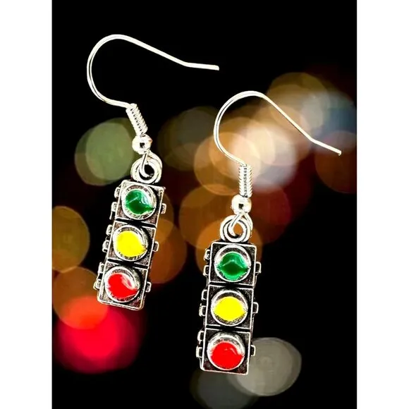 Traffic Light Earrings Signal New Dangle Hooks Stop Wait Go Crossing Gua… Silver - Image 2