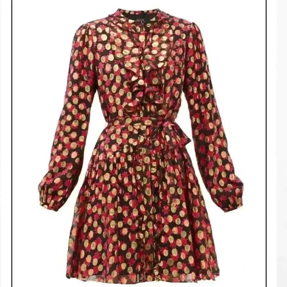 SALONI Scarlet Daisy Tilly Red Gold Black Shimmer Ruffle Mini C Dress Size 0 - Image 5