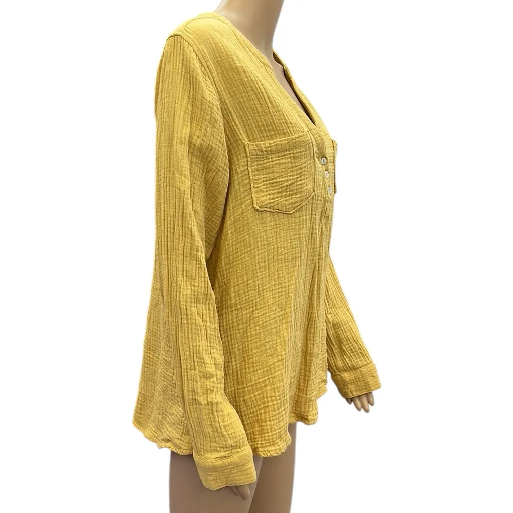 Mote Cotton Mustard Yellow Gauze Split V Neck Double Pocket Long Sleeve Top Sz L Gold Size L - Image 3
