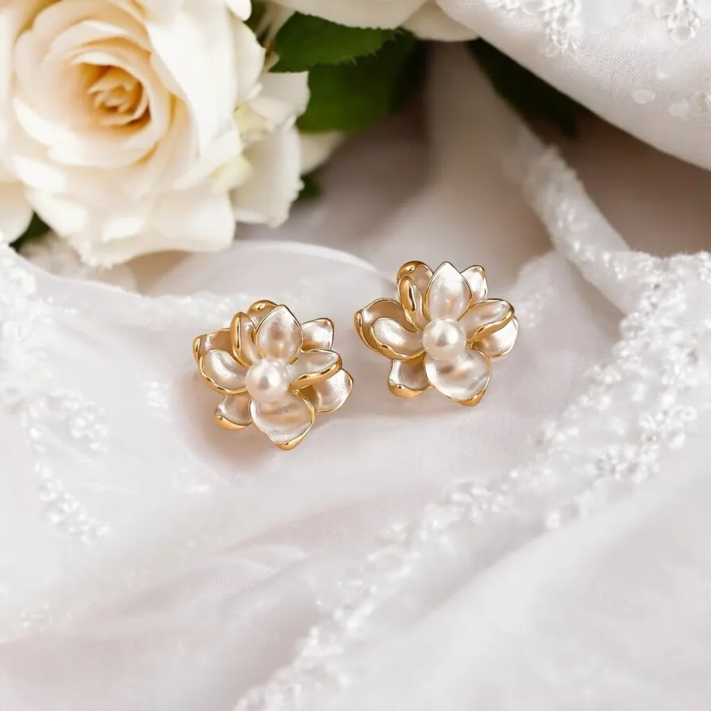 Delicate‎ Exquisite Stud Earrings with White Flower Faux Pearl Decor Elegant Gold - Image 5