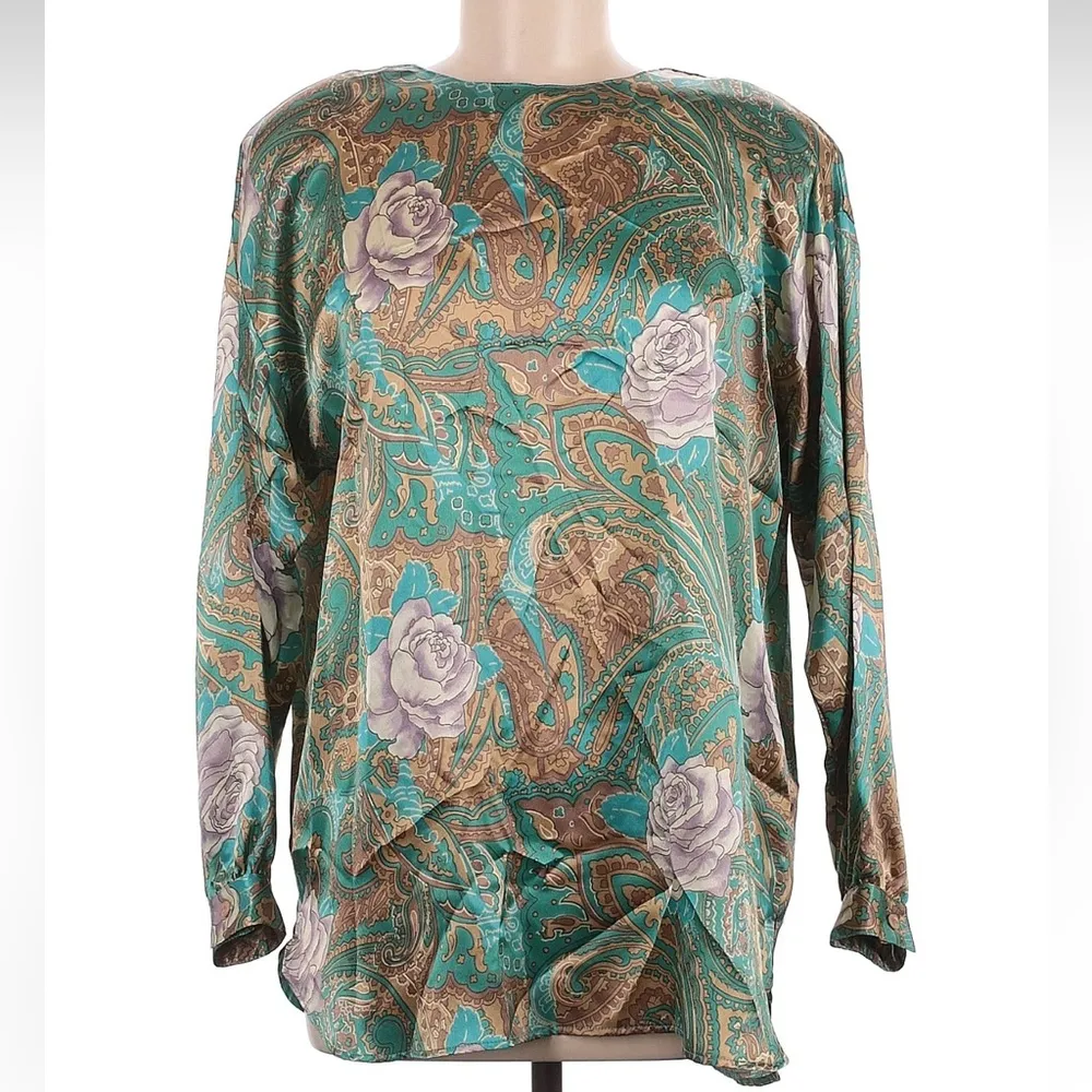 Vintage Gianna Green Teal Lilac Paisley Floral Blouse 70’s 80’s Women’s Size 8 M - Image 5