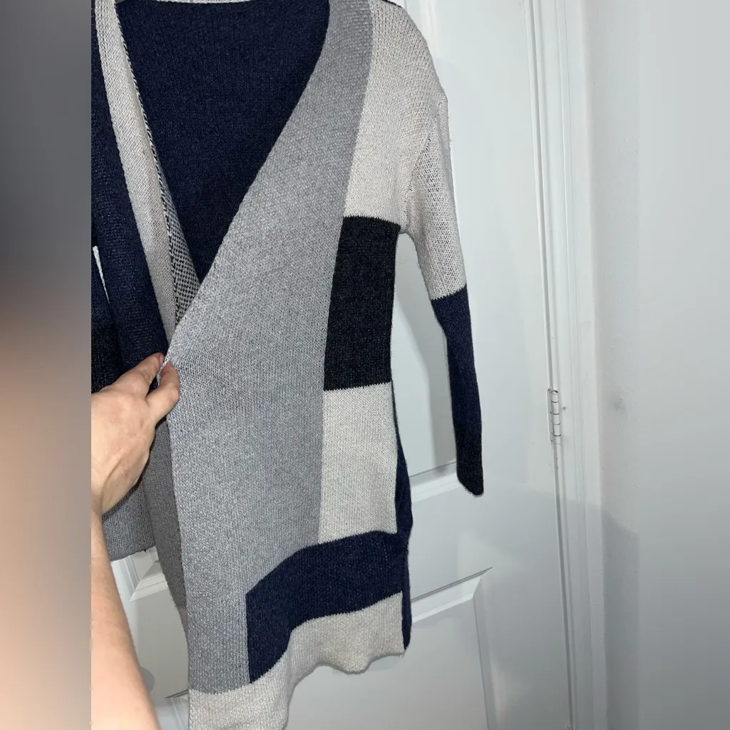 Women’s Colorblock Panel Patchwork BlueGrey Pockets CozySoft Knit Cardigan SzS-M - Image 10
