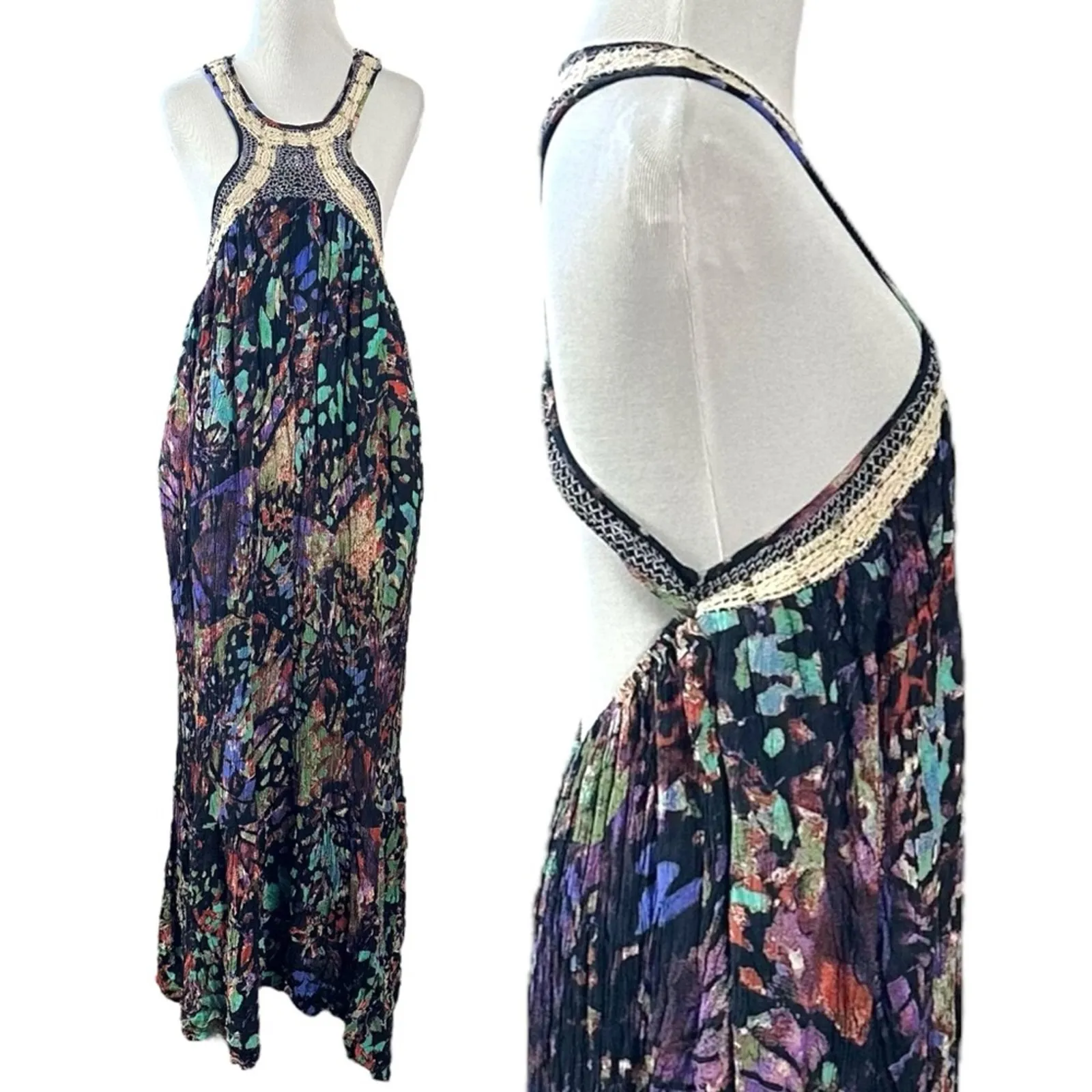 Free People Monarch Maxi Dress Size Large Bohemian Crochet 70s Goddess Halter - Image 9