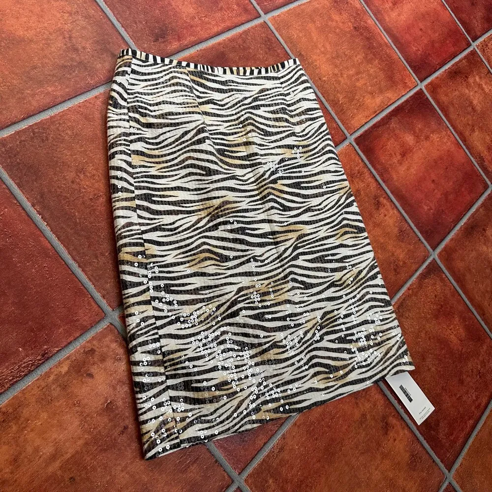 Le Superbe Statement Zebra Print Sequin Knee Length Pencil Skirt Size 6 Black - Image 2