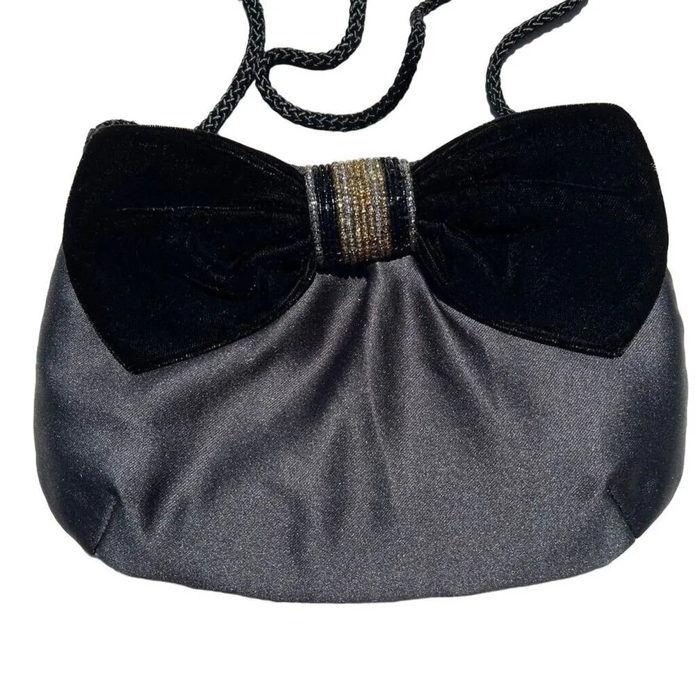 Vintage Avon Evening Bag Velvet and Beaded Bow with Braided Strap Black Formal - Image 2