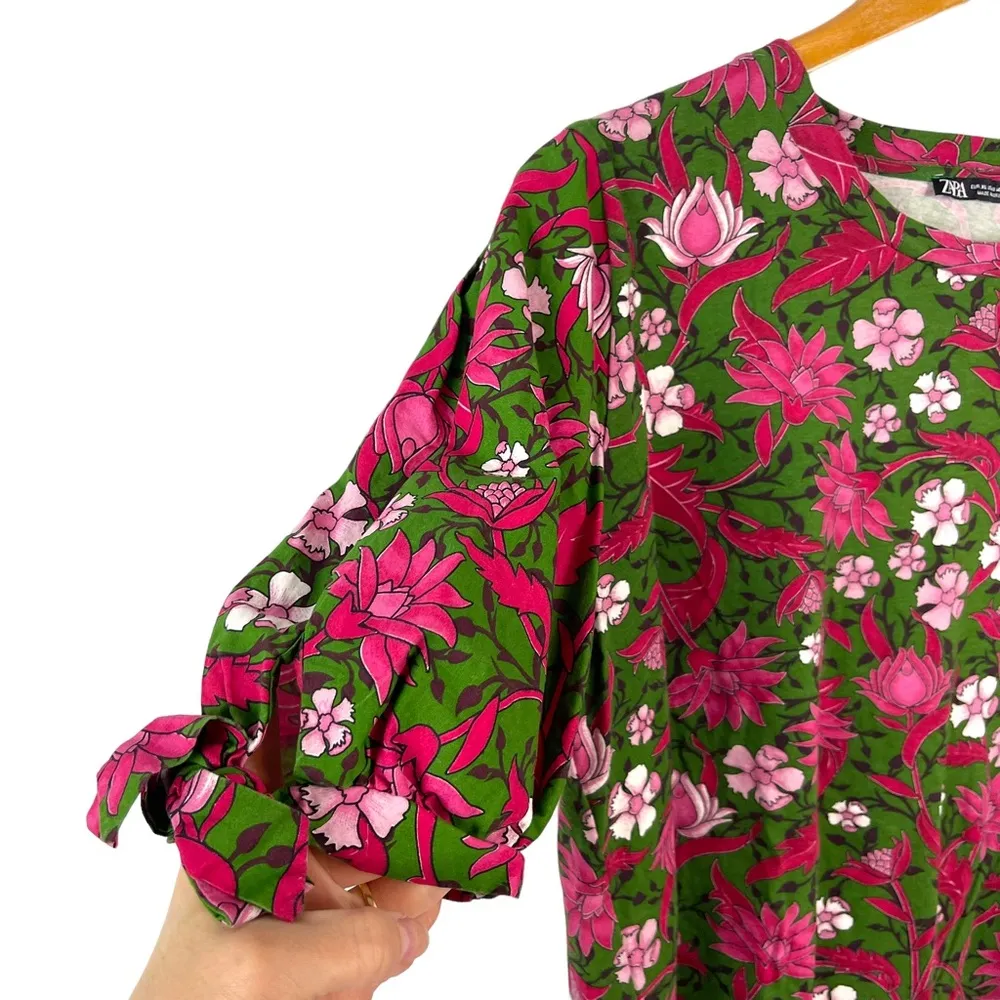 Zara Women's Floral Tie Sleeve Top Blouse Green Multicolor Puff Sleeve Size XL - Image 5