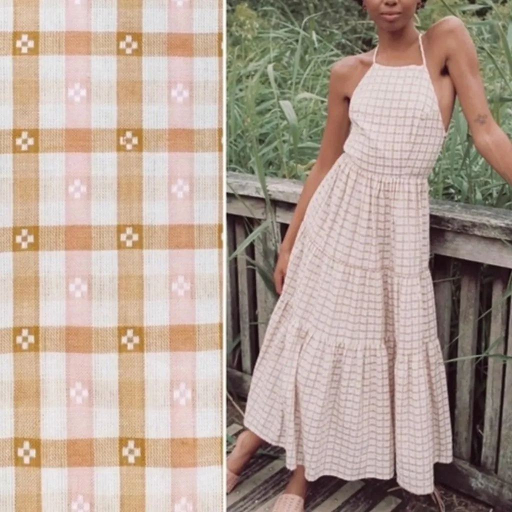 Christy Dawn Delphine Midi Tiered Sun Dress in Snapdragon Gingham Pink Tan XS - Image 12