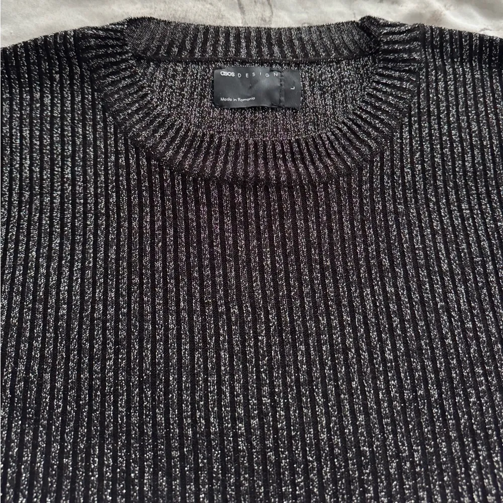 ASOS Design Black metallic ribbed crewneck Sweater, size L bohemian festive - Image 5