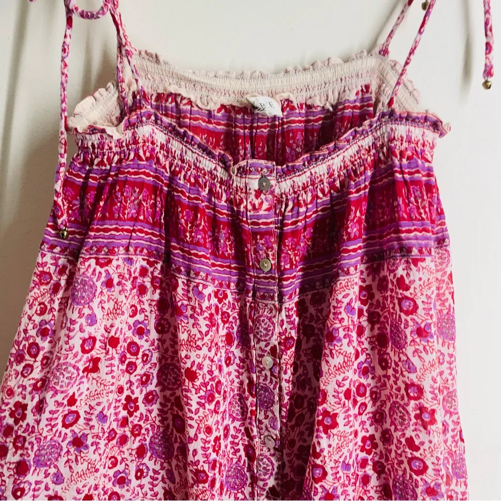 M.A.B.E Button Front Cotton Floral Smocked Midi Dress Pink Boho Tie Straps sz M Size M - Image 5