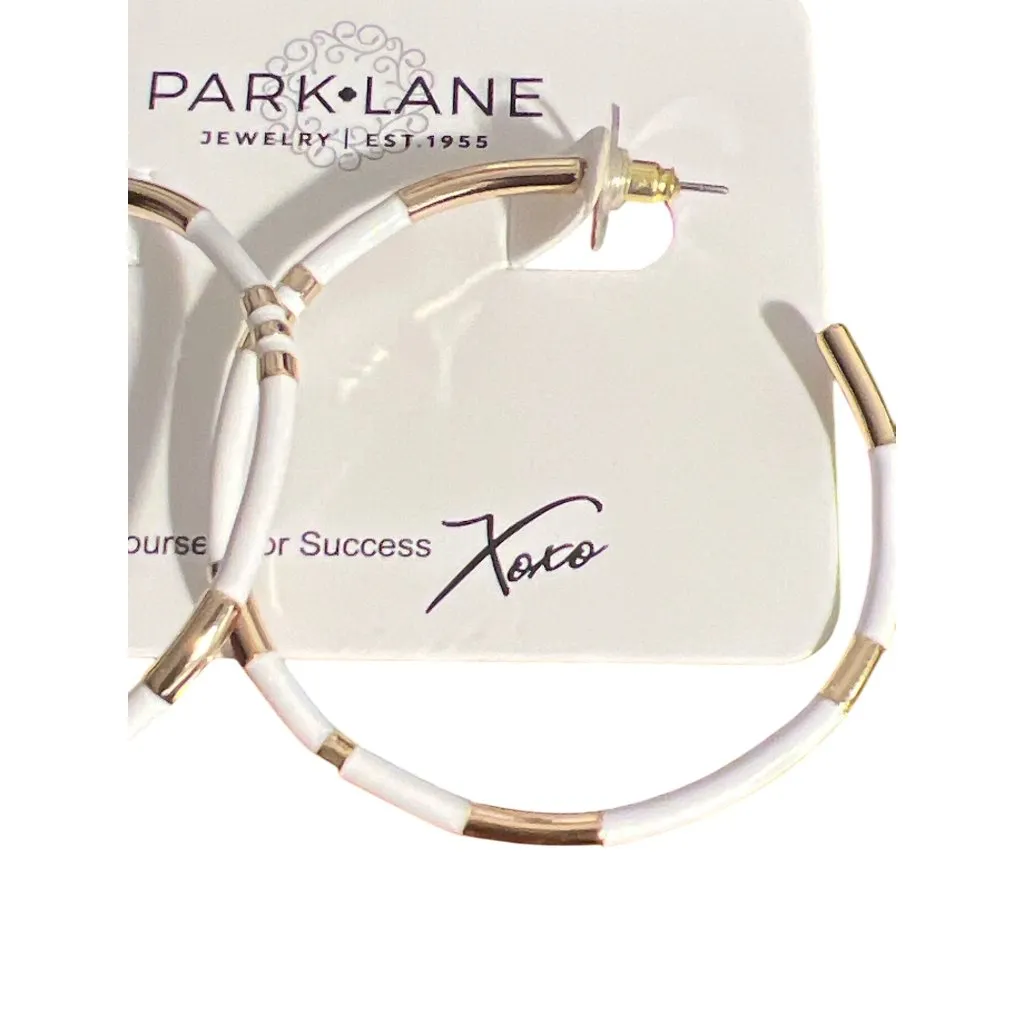 Park Lane Gold Tone Hoop Earrings White Enamel Pierced 2" Across New on Card - Image 2