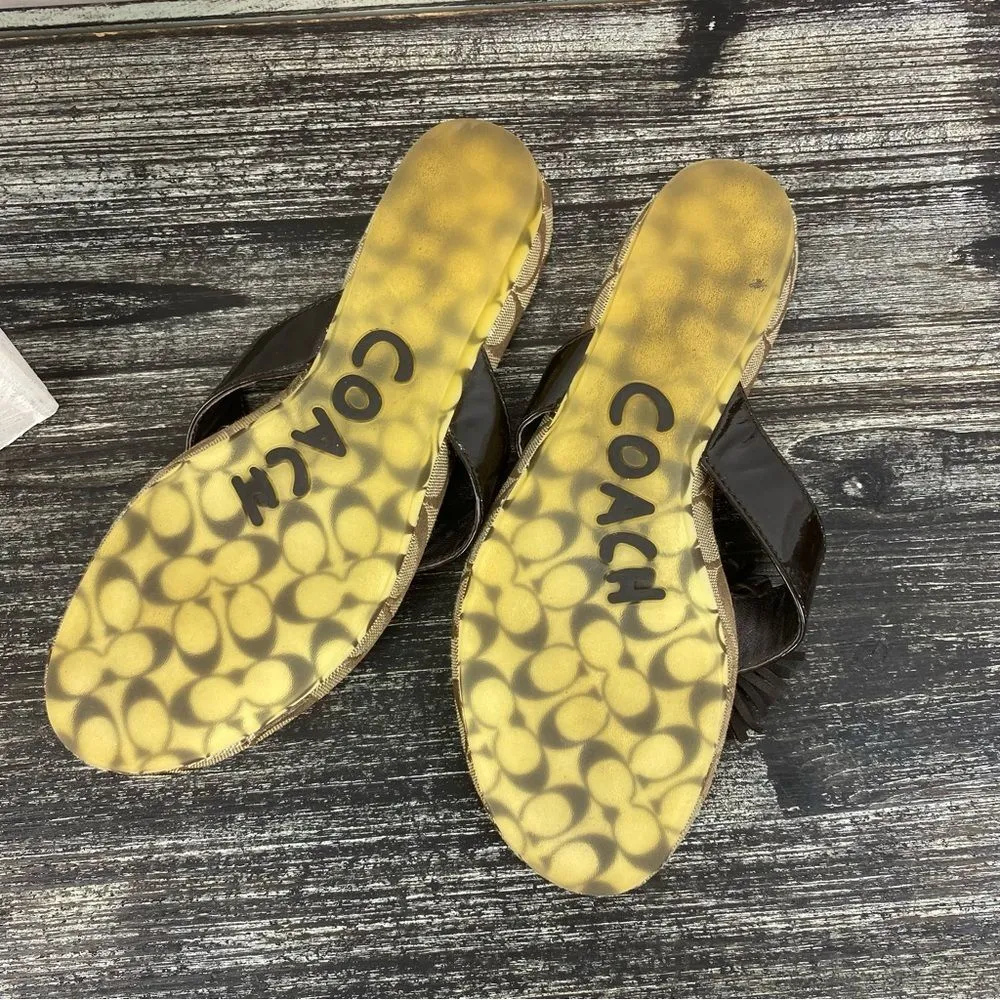 Coach Brown & Tan Suki Logo Print Jewel Trim Thong Sandal Shoes 8 - Image 4