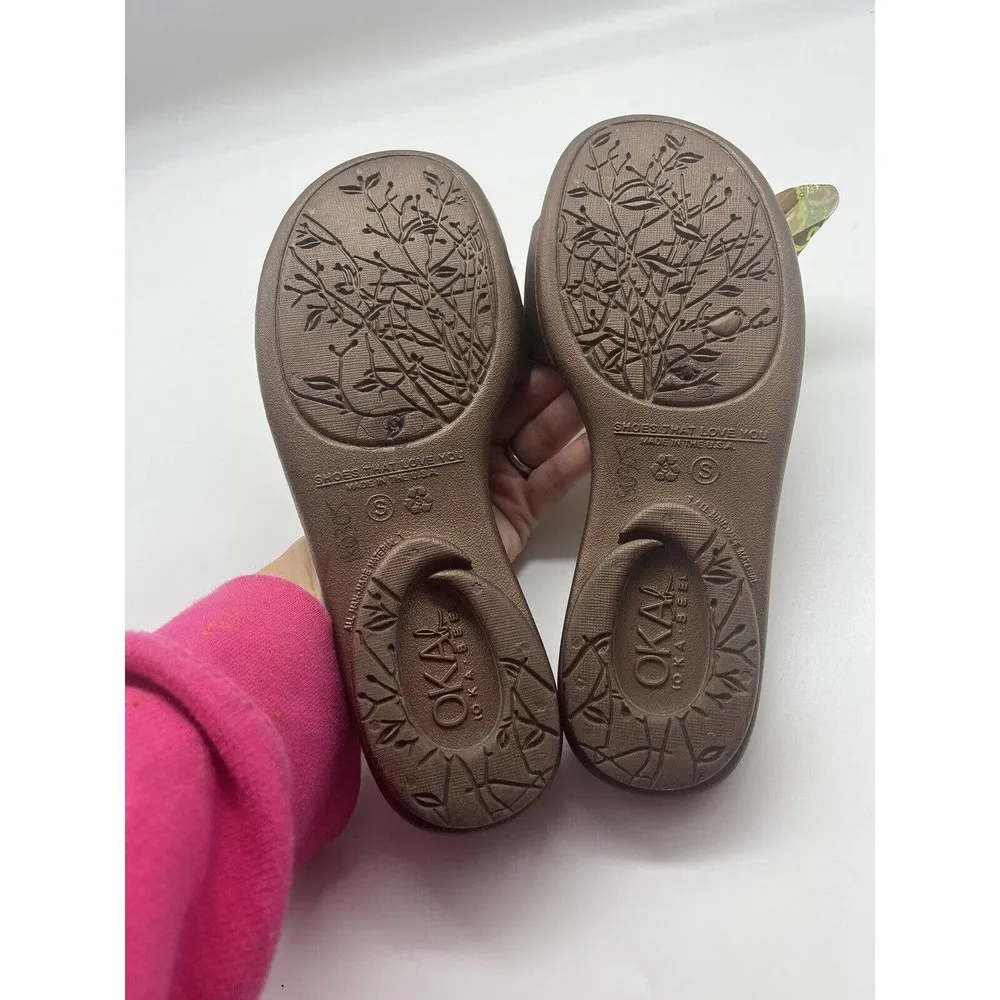 OkaB Oka Bee Brown Madison Slides Green Paisley Print Bow Slip On Sandals Small Size 6 - Image 8