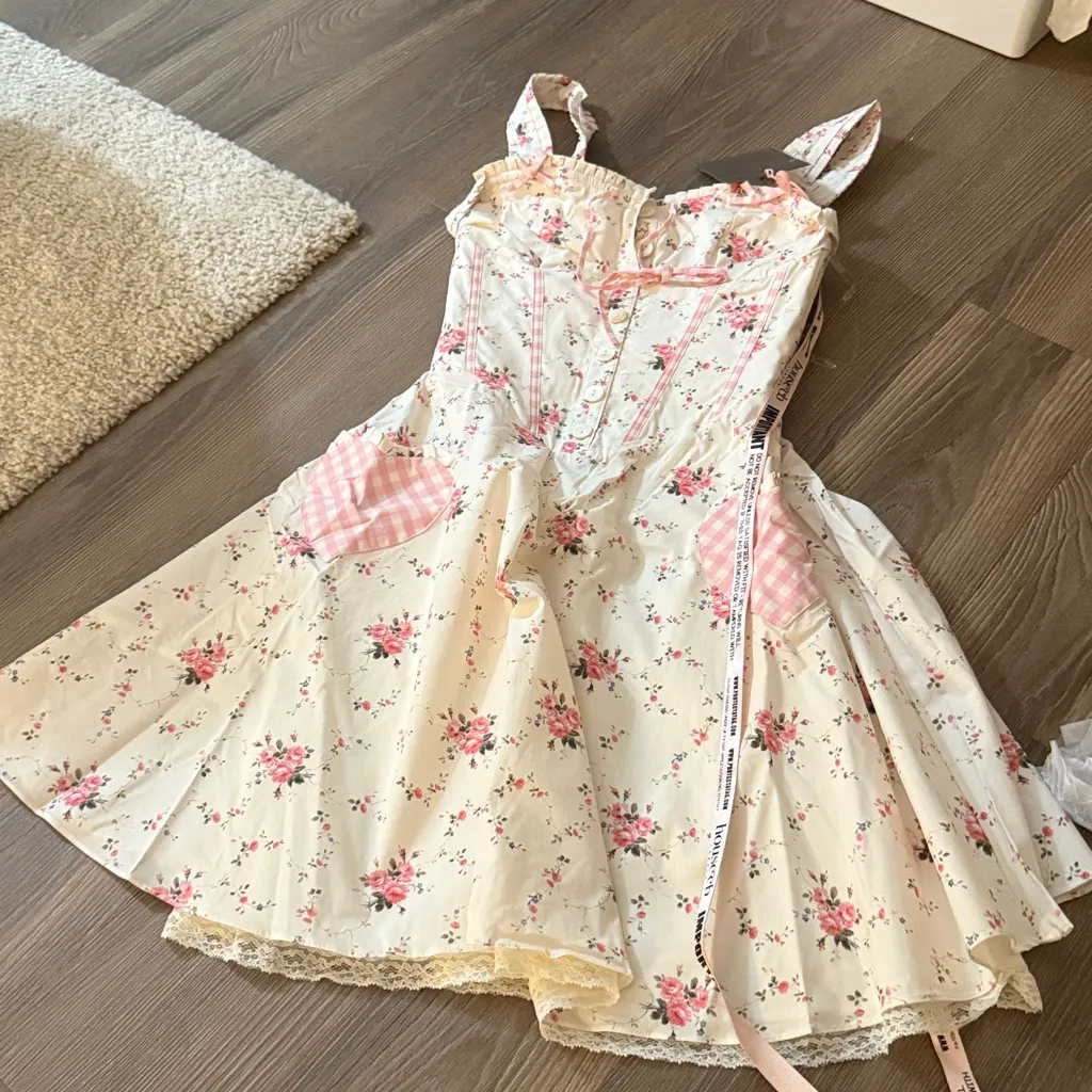 Marianella cream rose print stretch cotton mini dress- longer length - Image 11