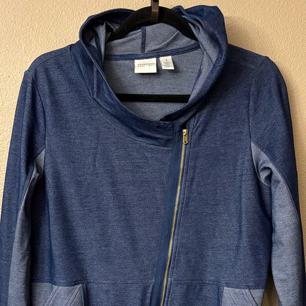 Zenergy by Chico's Size 1 M/L Blue Denim Moto Jacket Hoodie Sweatshirt Size M - Image 2