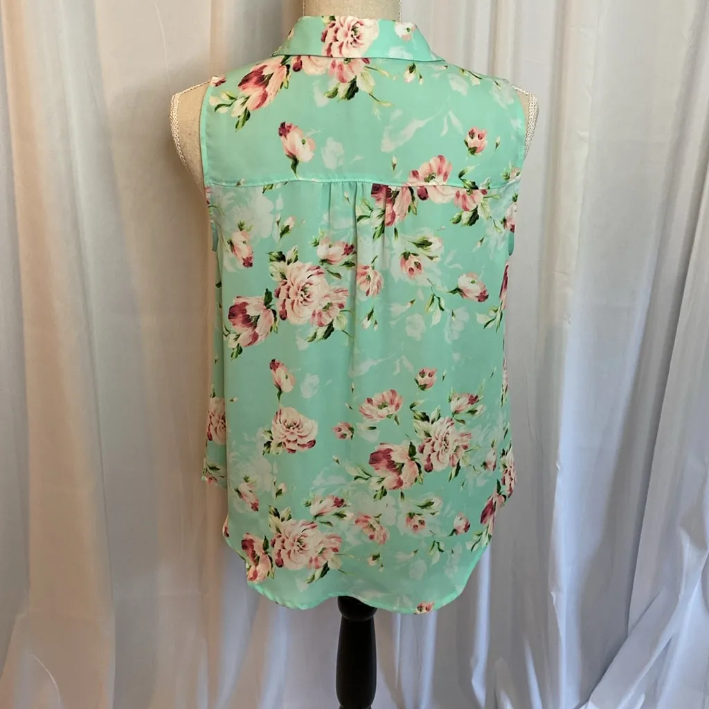 152 ELLE Sleeveless Collared Floral Sheer Cottagecore Blouse Green Pink Small - Image 3