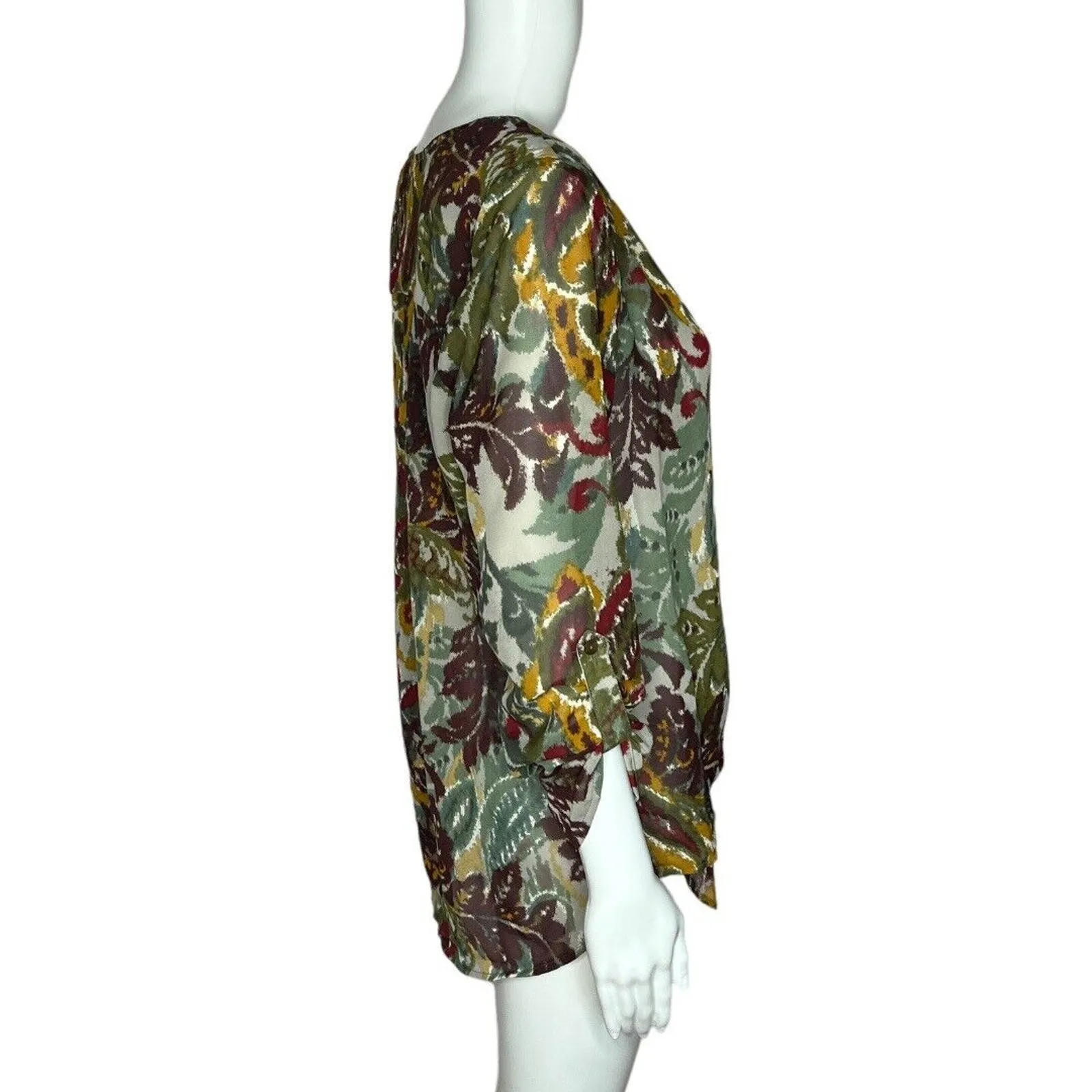 Bobeau Shirt Womens Small Green Orange Brush Stroke Paisley Blouse Boho Colorful - Image 2