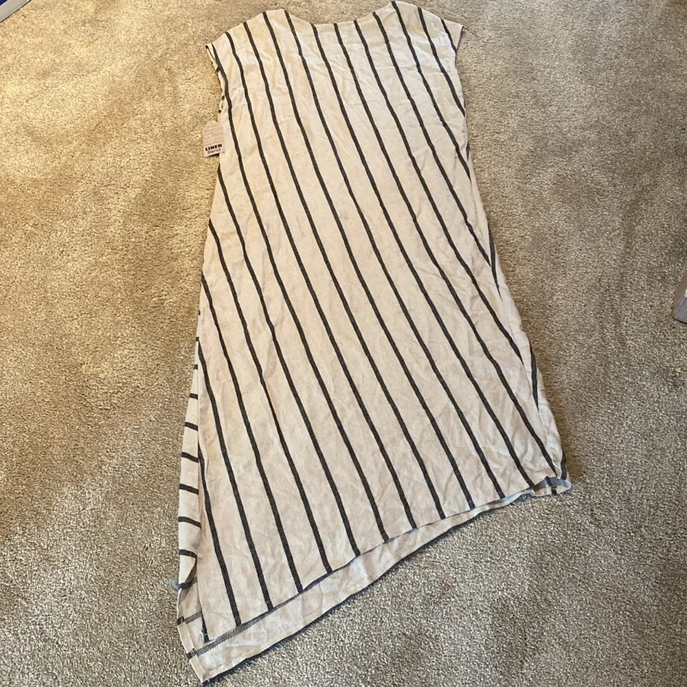 For Cynthia Linen Blend V Neck Cap Sleeve Asymmetrical Tan Black Stripe Dress S - Image 6