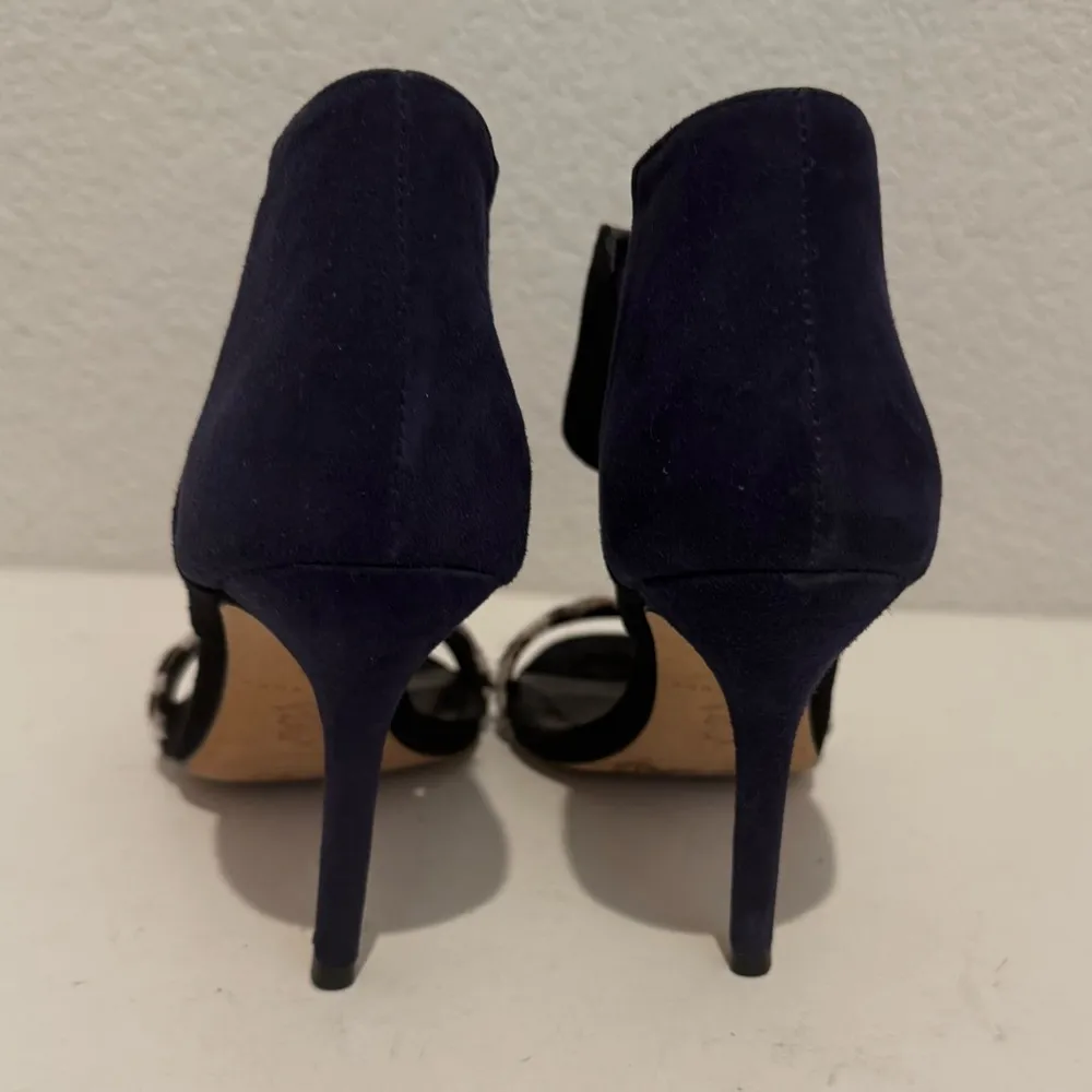 TRINA TURK Los Altos Suede High Heel Sandal Zebra Print Black White Navy Blue 8 - Image 7