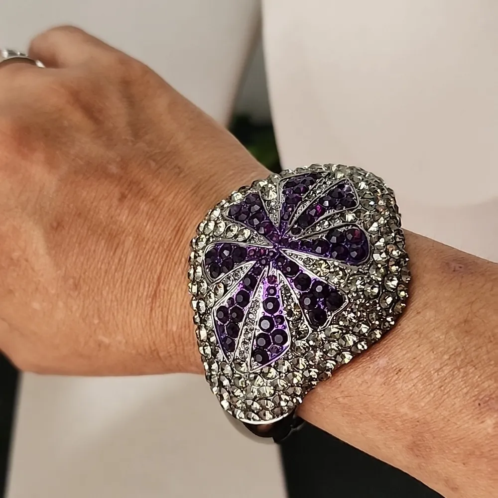 Vintage Chunky Hinge / Clamper Dome Bracelet with Purple Smokey Crystal Stones - Image 7