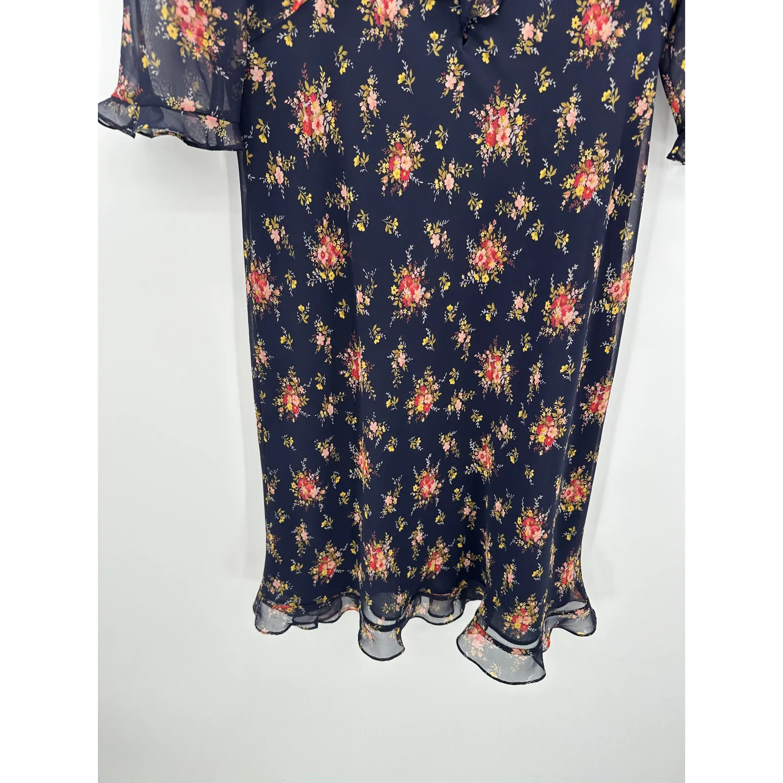 Donna Ricco Floral Midi Dress Size 10P Feminine Ruffle Dainty Modest Sheer - Image 3