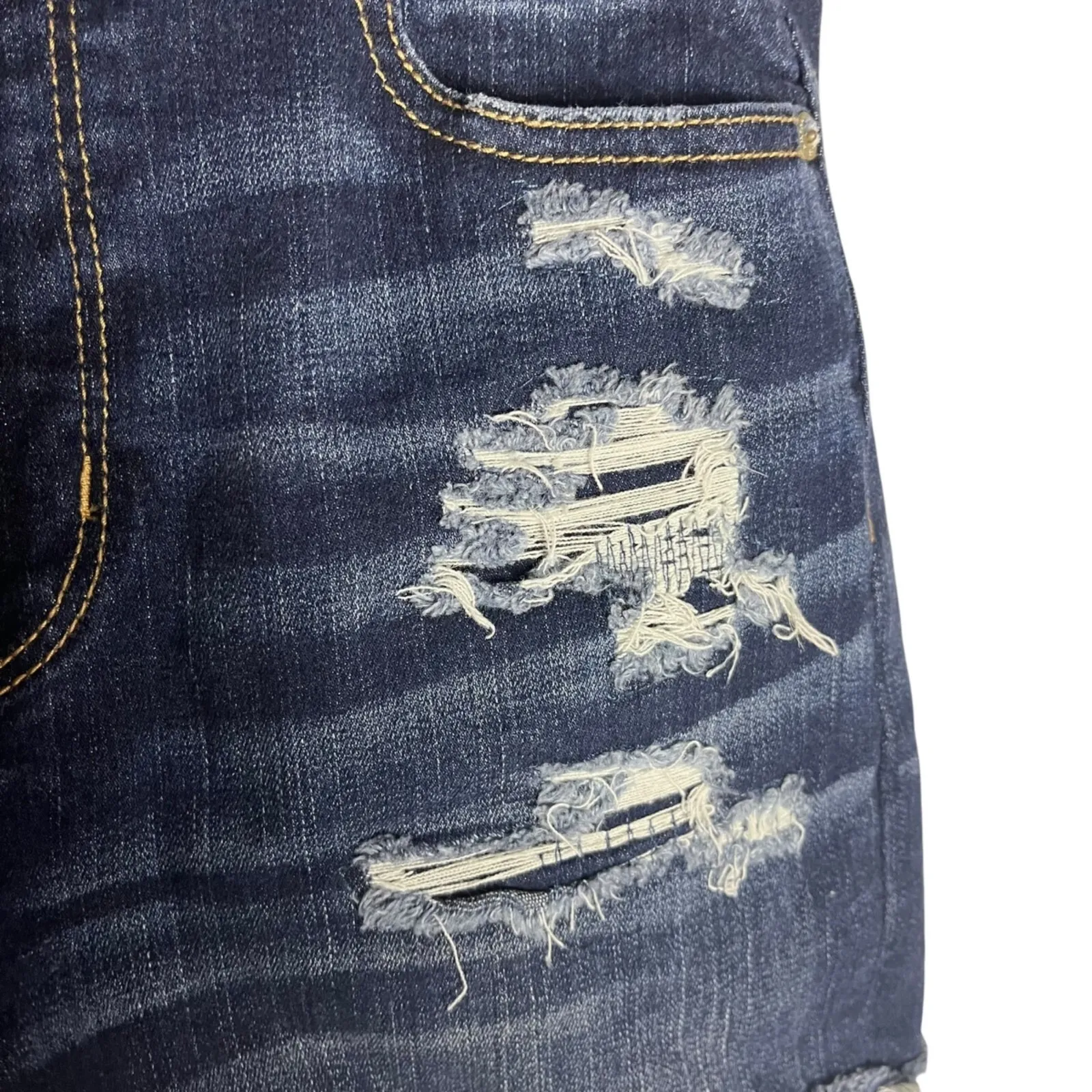 American Eagle Curvy Hi-Rise Shortie Denim Shorts Dark Wash Distressed Rips Sz 4 - Image 2