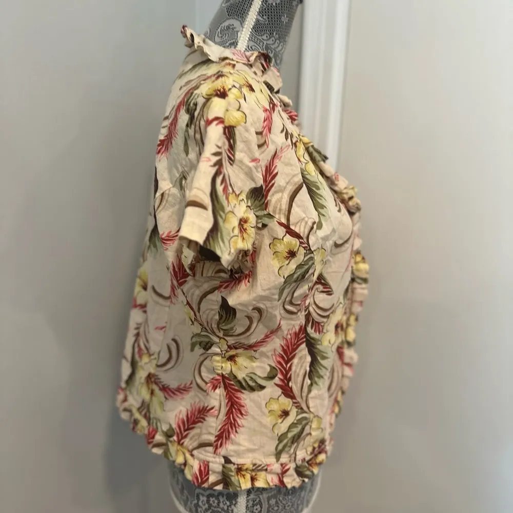 Oscar de la Renta linen Blend Sz: L Hawaiian Floral ruffled Lightweight Blouse. - Image 12